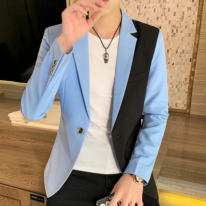 Men's Casual Blazer Korean Fashion Clothes Patchwork Suit Jacket Male Summer Thin Handsome Wear Slim Fit Coat Red White Blue