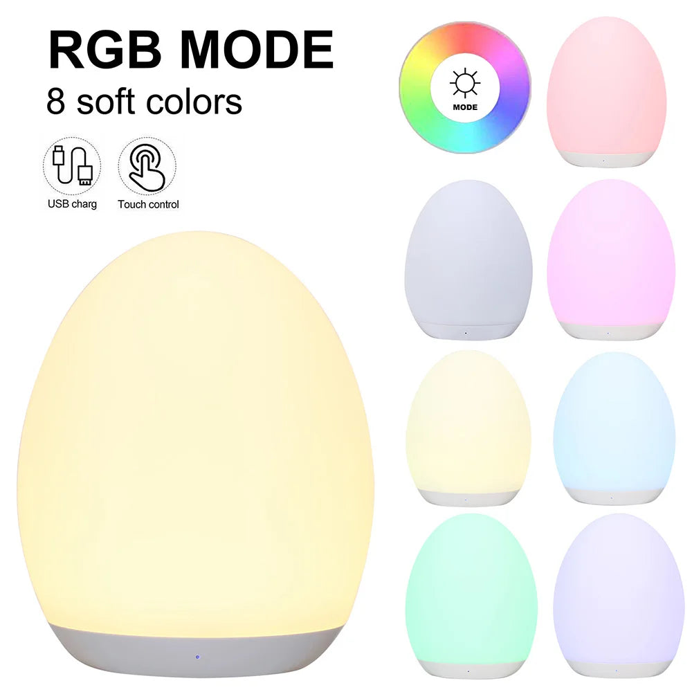 LED Children Night Light Egg Shape Soft Silicone USB Rechargeable Bedroom Decor Gift For Kids Sleeping Eye Protection Touch Lamp