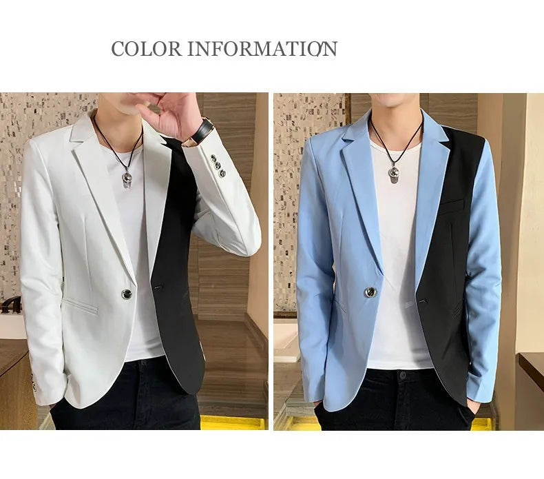 Men's Casual Blazer Korean Fashion Clothes Patchwork Suit Jacket Male Summer Thin Handsome Wear Slim Fit Coat Red White Blue