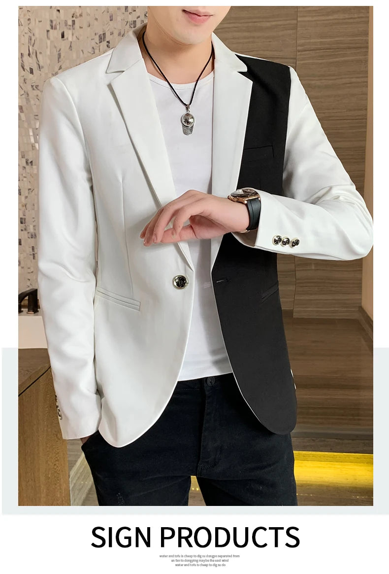 Men's Casual Blazer Korean Fashion Clothes Patchwork Suit Jacket Male Summer Thin Handsome Wear Slim Fit Coat Red White Blue