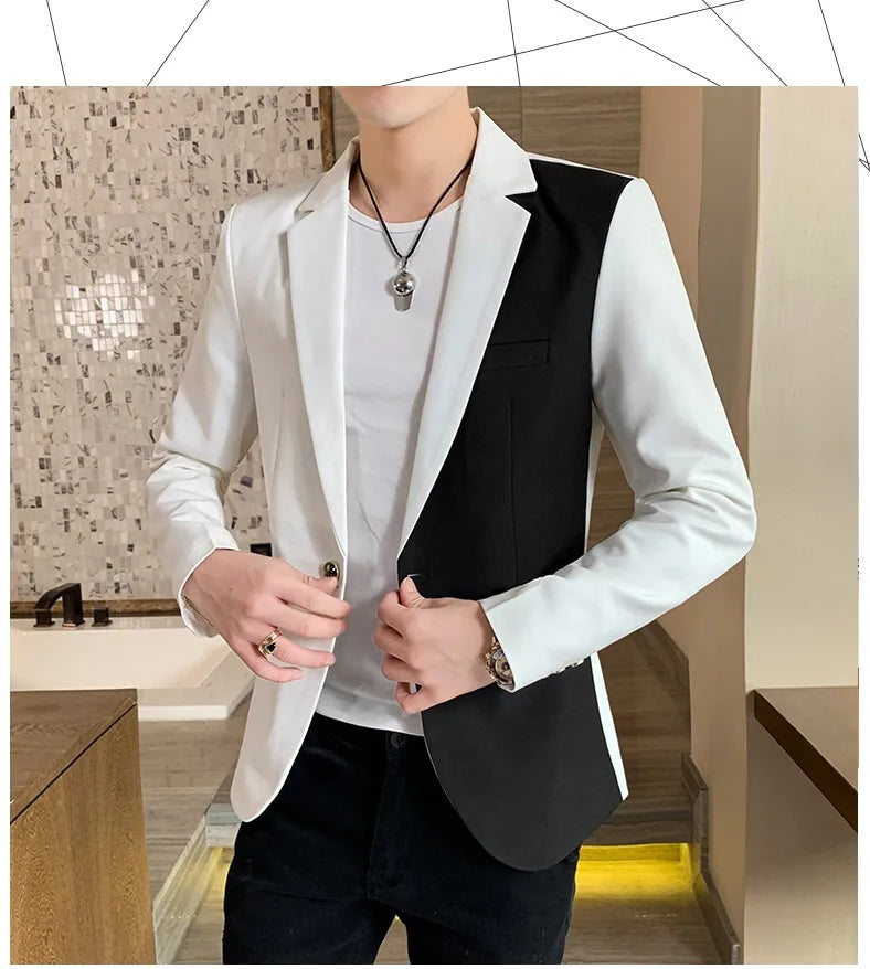 Men's Casual Blazer Korean Fashion Clothes Patchwork Suit Jacket Male Summer Thin Handsome Wear Slim Fit Coat Red White Blue