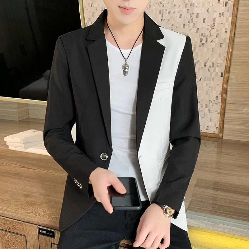 Men's Casual Blazer Korean Fashion Clothes Patchwork Suit Jacket Male Summer Thin Handsome Wear Slim Fit Coat Red White Blue