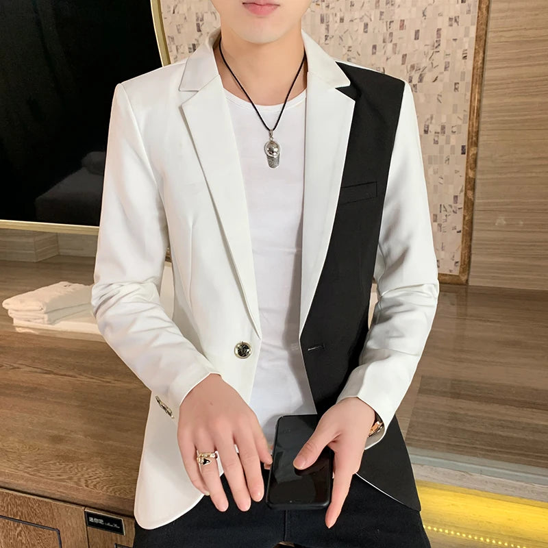 Men's Casual Blazer Korean Fashion Clothes Patchwork Suit Jacket Male Summer Thin Handsome Wear Slim Fit Coat Red White Blue