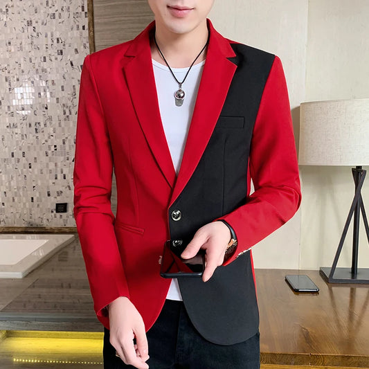 Men's Casual Blazer Korean Fashion Clothes Patchwork Suit Jacket Male Summer Thin Handsome Wear Slim Fit Coat Red White Blue