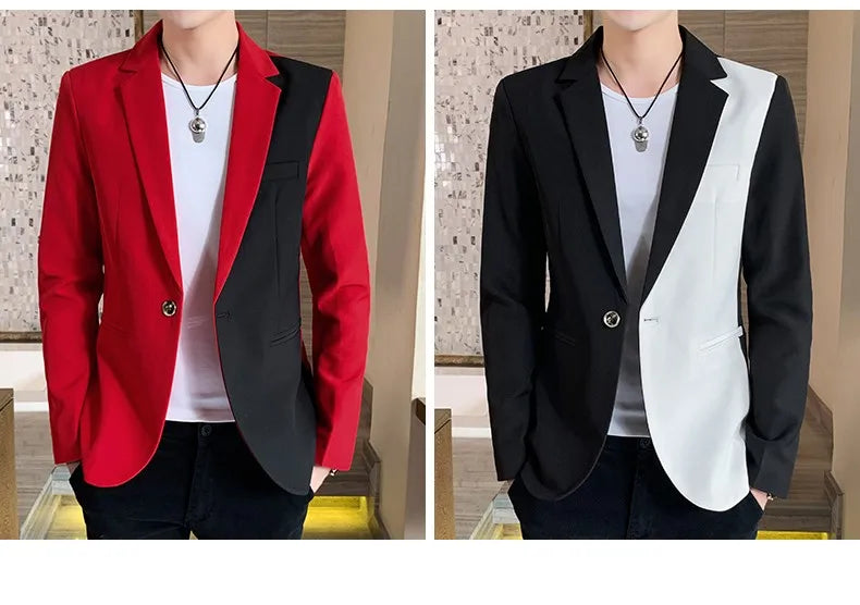 Men's Casual Blazer Korean Fashion Clothes Patchwork Suit Jacket Male Summer Thin Handsome Wear Slim Fit Coat Red White Blue