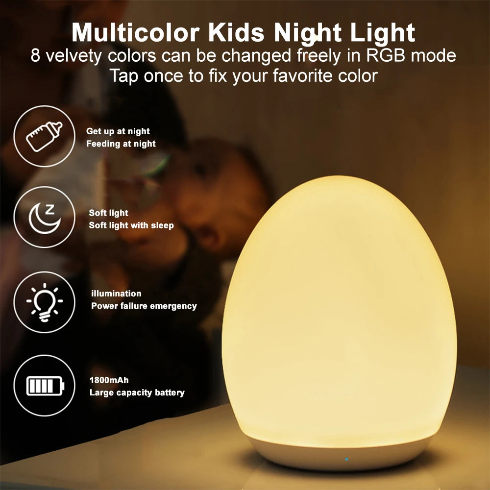 LED Children Night Light Egg Shape Soft Silicone USB Rechargeable Bedroom Decor Gift For Kids Sleeping Eye Protection Touch Lamp