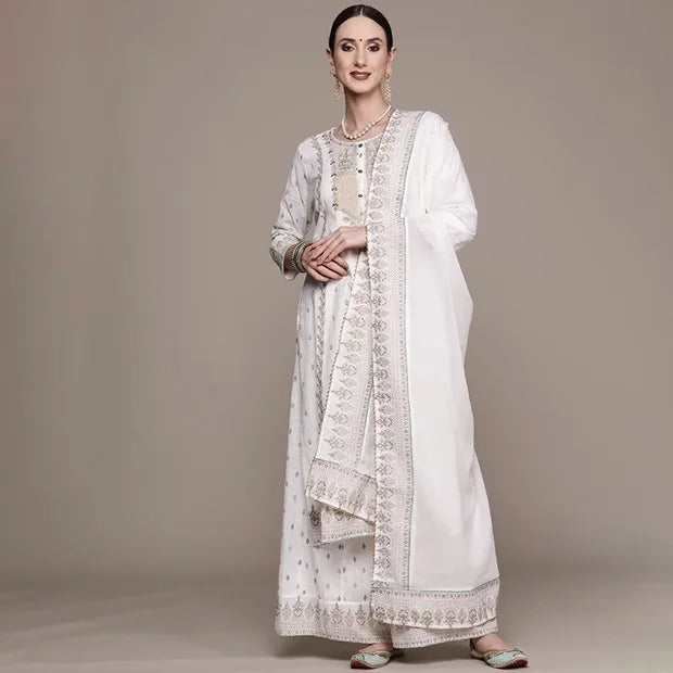 Indian Women's Clothing With Ethnic Style And Side Chabi 3-piece Set Of Pure Cotton Printed White Robe Traditional Indian Dress