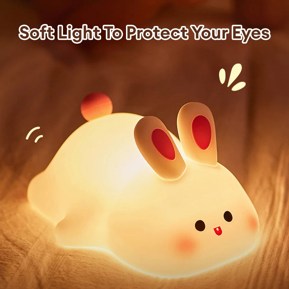 Cute Rabbit Silicone Night Lamp Touch Sensor Big Face Rabbit Pat Night Light Timing USB Rechargeable Light for Kids Gift