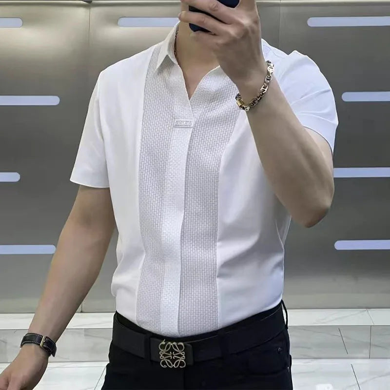 Business Office Casual Men's Polo-Neck Slim Shirt 2023 Trend Korean All-match Patchwork Short Sleeve Shirt Summer Male Clothes