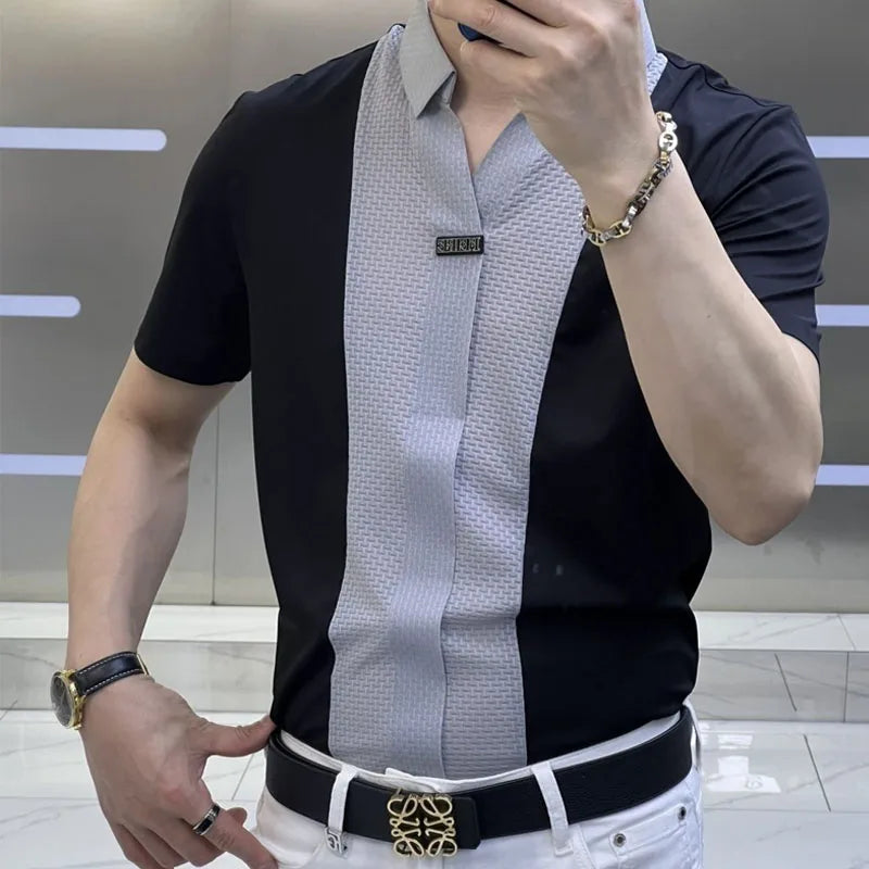 Business Office Casual Men's Polo-Neck Slim Shirt 2023 Trend Korean All-match Patchwork Short Sleeve Shirt Summer Male Clothes