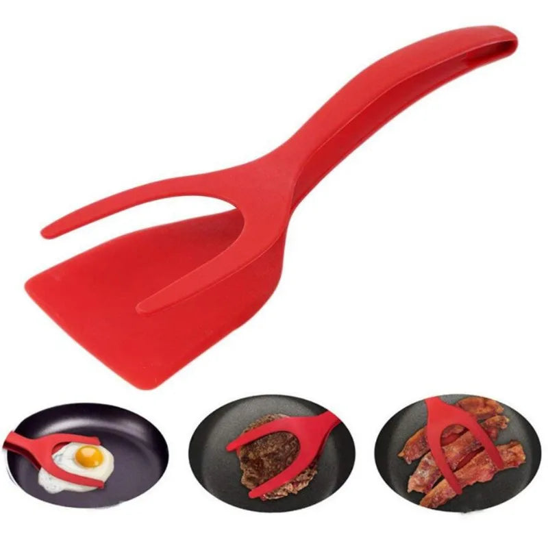 2 In 1 Silicone Grip Flip Tongs Egg Spatula Steak Shovel Clip Clamp Pancake Fried Cooking Tools Egg Turner Clip Kitchen Gadgets