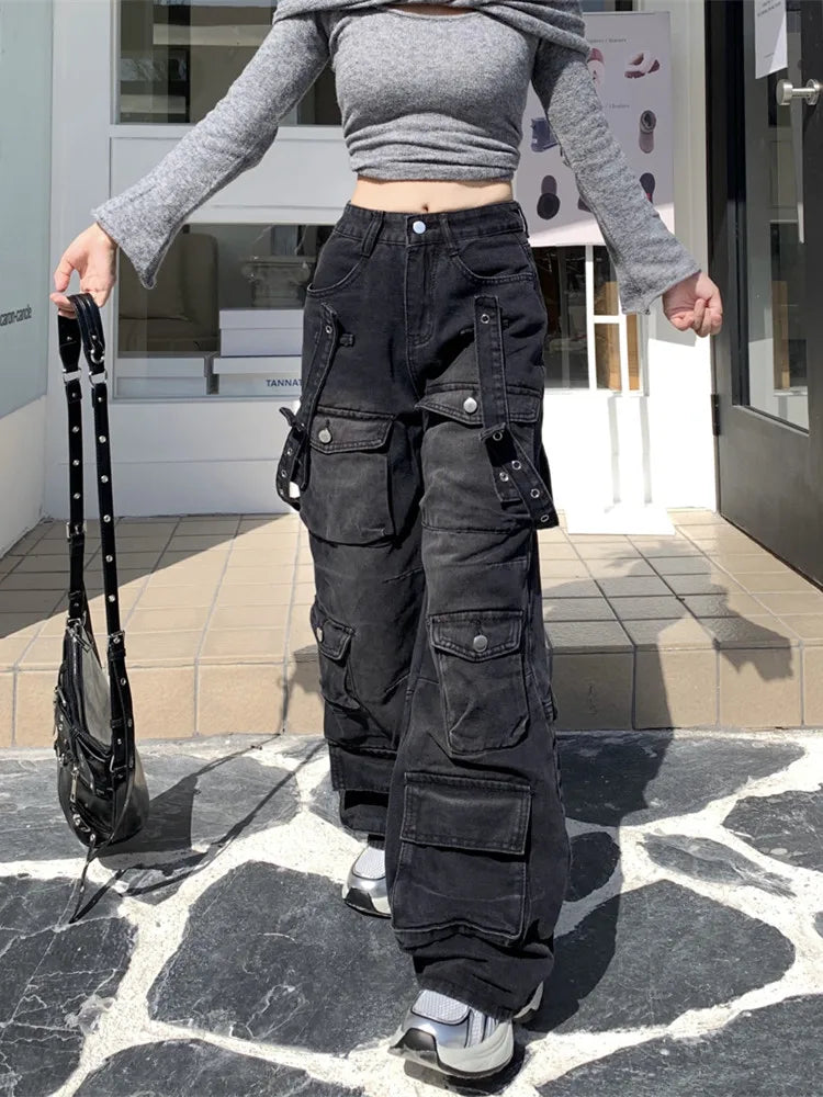 2000S Clothes Y2K Streetwear Washed Black Baggy Cargo Jeans Pants For Women Wide Leg Multi Pockets Straight Loose Lady Trousers