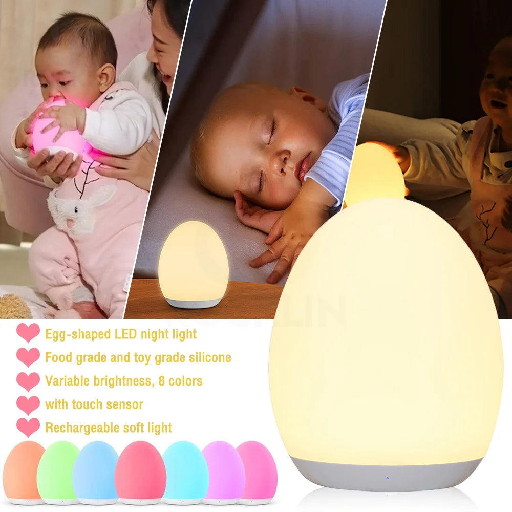 LED Children Night Light Egg Shape Soft Silicone USB Rechargeable Bedroom Decor Gift For Kids Sleeping Eye Protection Touch Lamp