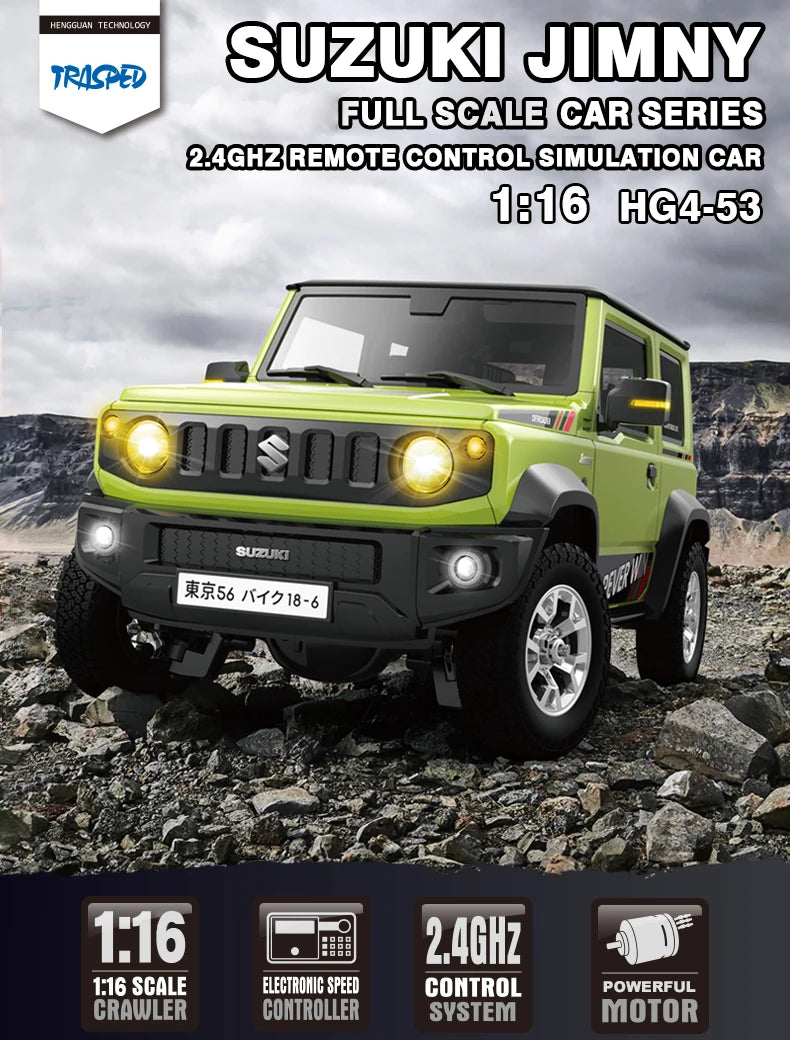 HG4-53 Pro Licensed SUZUKI JIMNY 1/16 Scale 2.4GRemote Control Car Simulation Light Sound Smoke Systerm Proportional RC Crawler