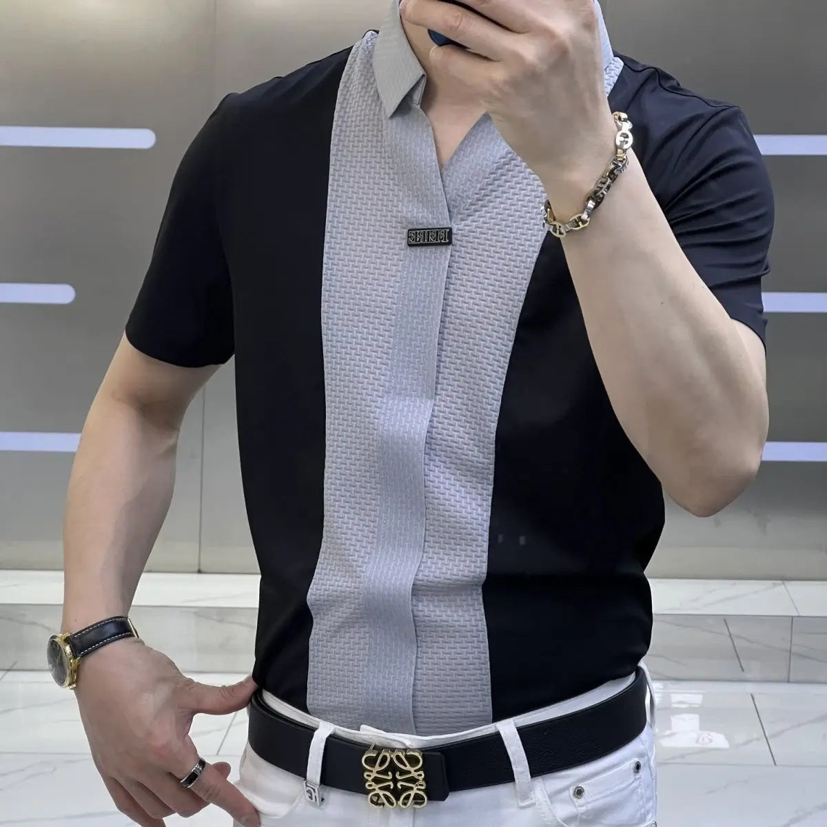 Business Office Casual Men's Polo-Neck Slim Shirt 2023 Trend Korean All-match Patchwork Short Sleeve Shirt Summer Male Clothes