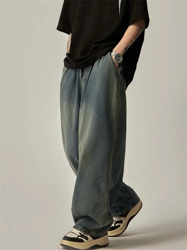 Fashion Jeans Men's Clothing Solid Color Wash Wide Leg Pants Elastic Waist Drawstring Pocket To Make Old Loose Trousers A053