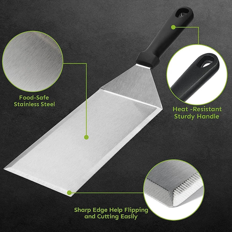 Stainless Steel Long Grill Spatula with Cutting Edges, Kitchen Griddle Accessories, Pancake Burger Turner Scraper Tool for BBQ