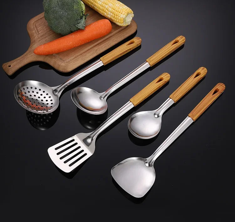 Stainless Steel Cookware Non-stick Pastry Spatula Wooden Handle Soup Ladle Rice Spoon Hot Pot Colander Kitchen Cooking Utensils