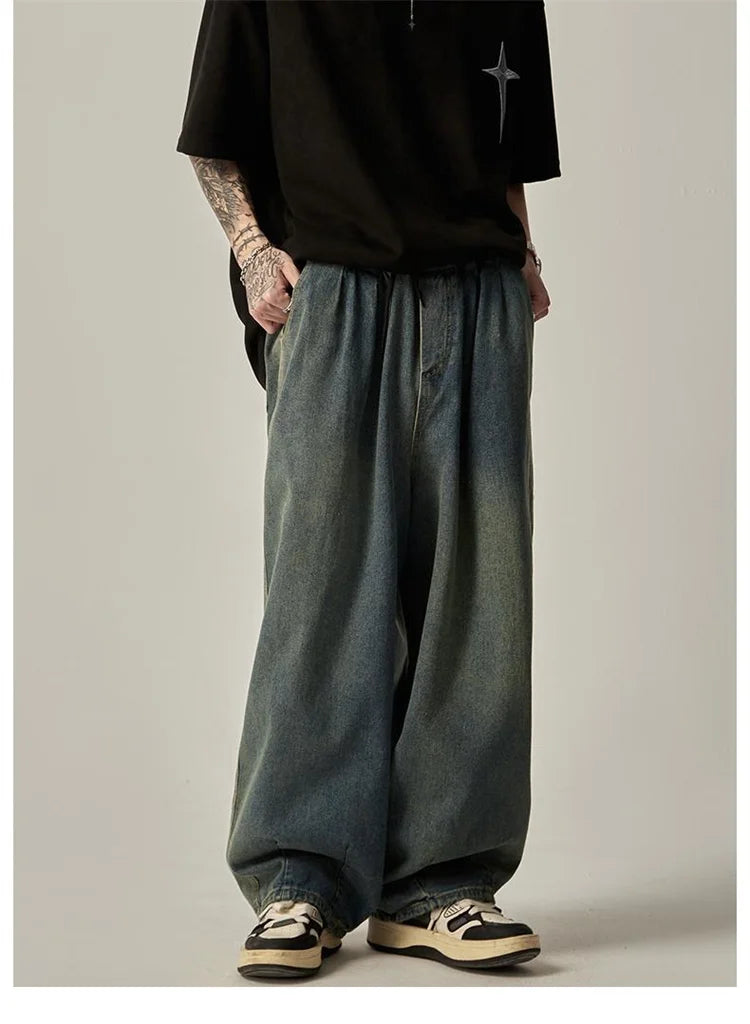 Fashion Jeans Men's Clothing Solid Color Wash Wide Leg Pants Elastic Waist Drawstring Pocket To Make Old Loose Trousers A053