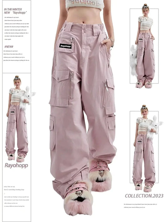 Women's Pink Cargo Pants Vintage Harajuku Y2k Aesthetic Loose Parachute Pants Oversize High Waist Baggy Trousers 2000s Clothes