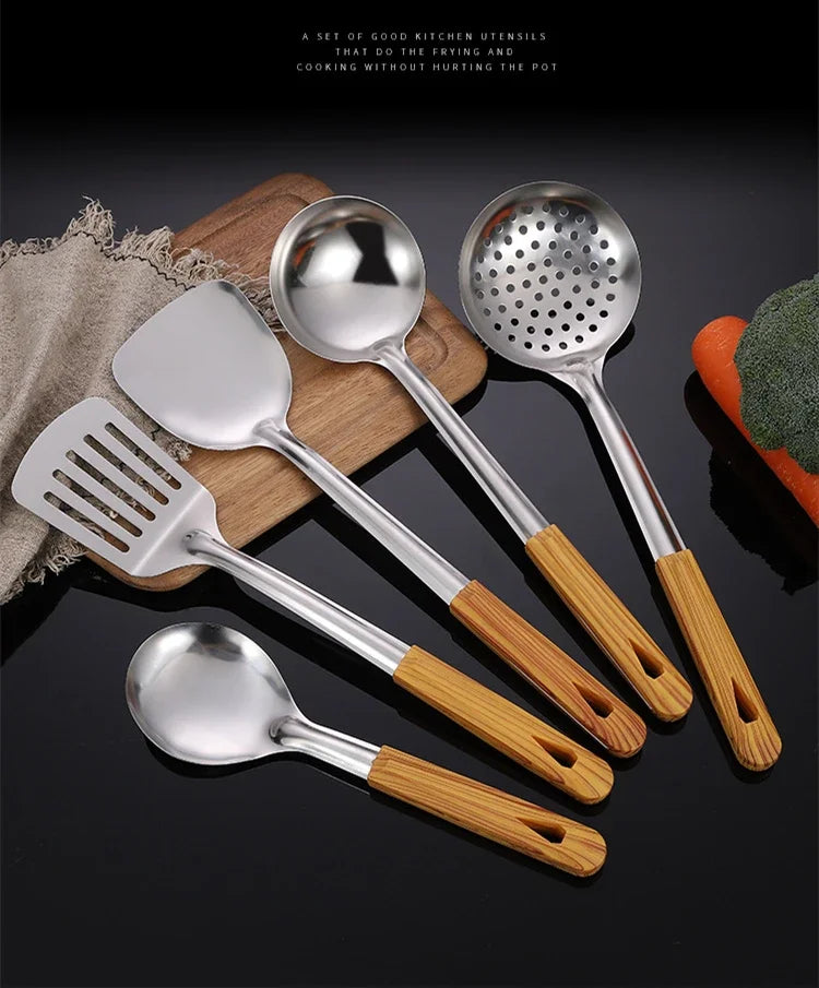 Stainless Steel Cookware Non-stick Pastry Spatula Wooden Handle Soup Ladle Rice Spoon Hot Pot Colander Kitchen Cooking Utensils