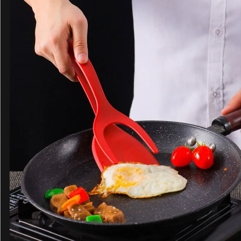 2 In 1 Silicone Grip Flip Tongs Egg Spatula Steak Shovel Clip Clamp Pancake Fried Cooking Tools Egg Turner Clip Kitchen Gadgets