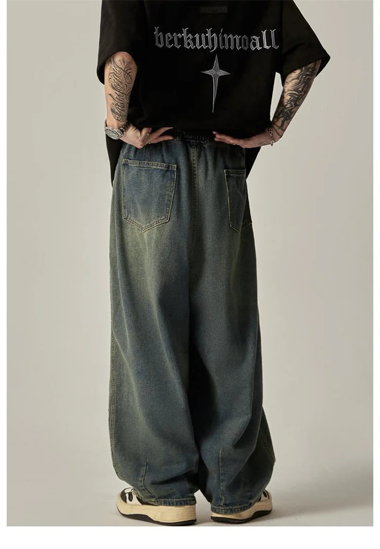 Fashion Jeans Men's Clothing Solid Color Wash Wide Leg Pants Elastic Waist Drawstring Pocket To Make Old Loose Trousers A053