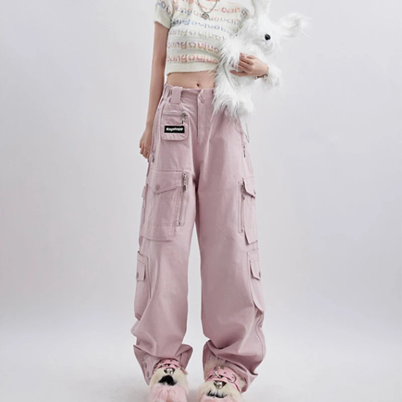 Women's Pink Cargo Pants Vintage Harajuku Y2k Aesthetic Loose Parachute Pants Oversize High Waist Baggy Trousers 2000s Clothes