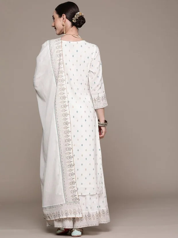 Indian Women's Clothing With Ethnic Style And Side Chabi 3-piece Set Of Pure Cotton Printed White Robe Traditional Indian Dress