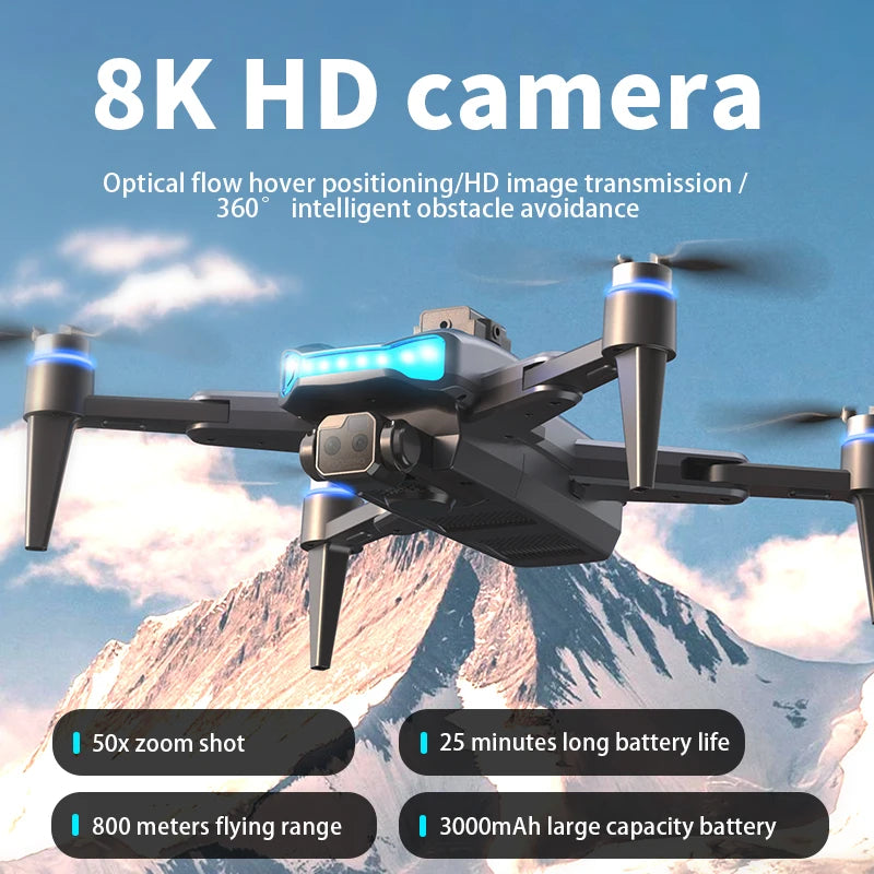 The New M12 RC Drone 8K Brushless Professional Edition Is Equipped With A Wide-angle Three Tracking Camera With 12 Color Lights