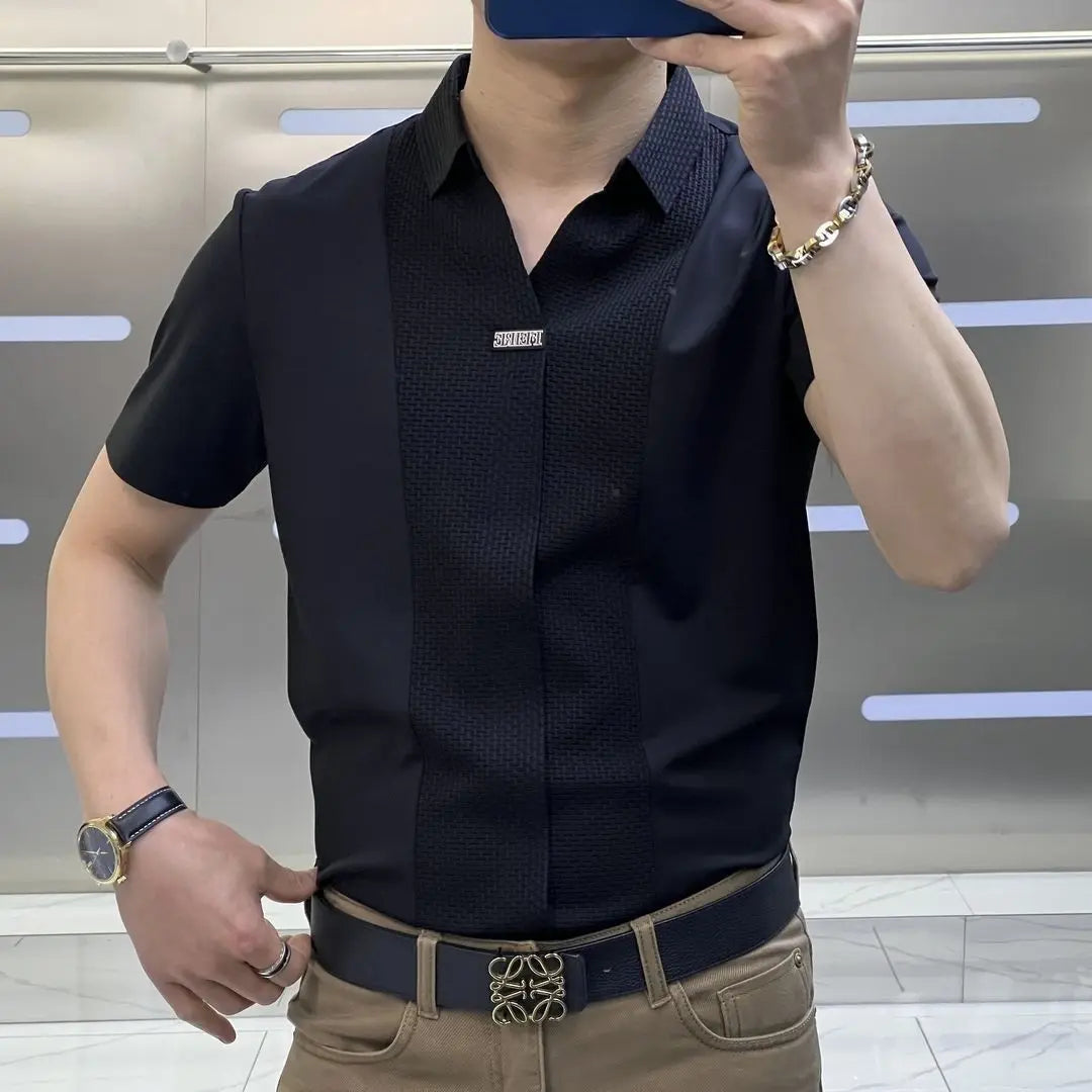 Business Office Casual Men's Polo-Neck Slim Shirt 2023 Trend Korean All-match Patchwork Short Sleeve Shirt Summer Male Clothes