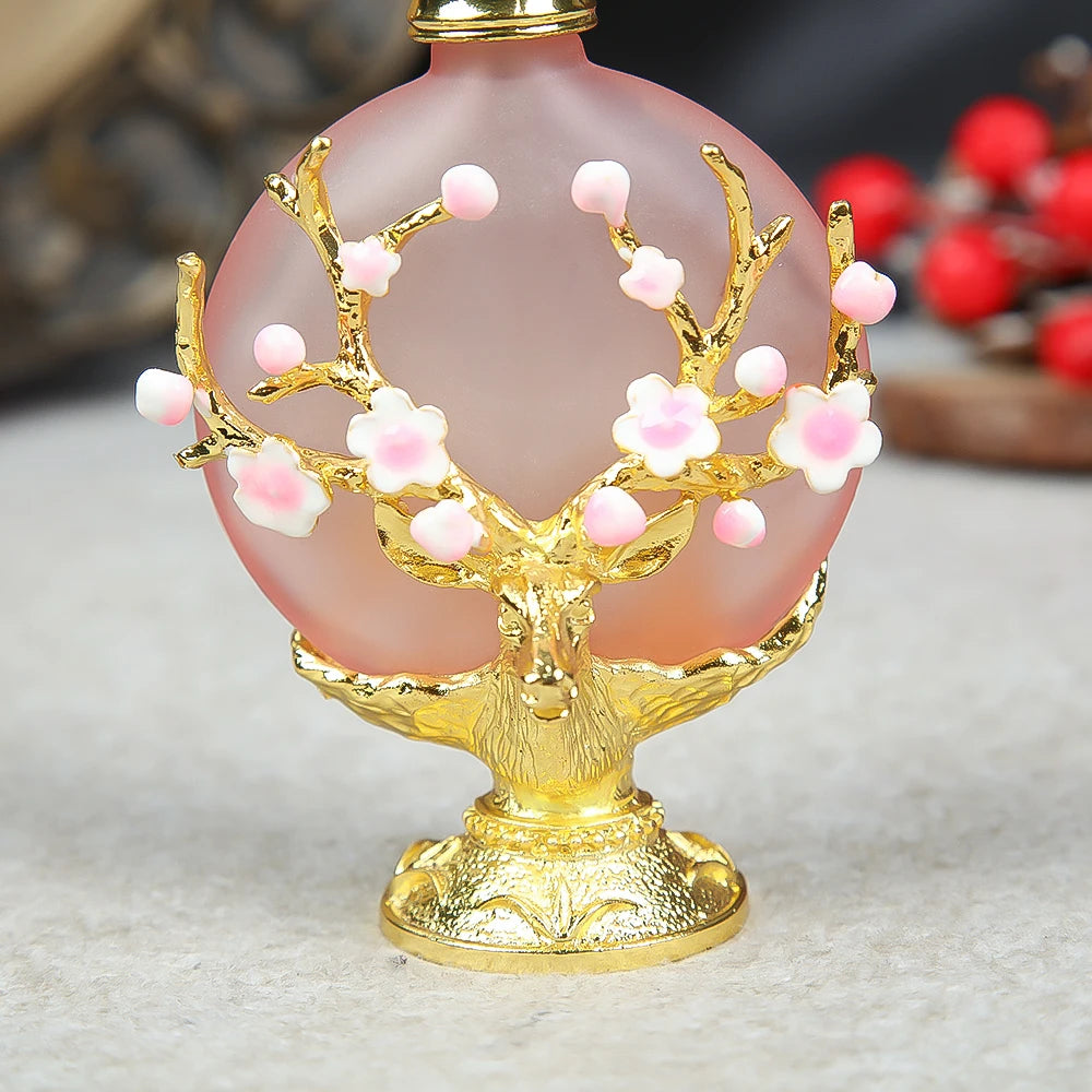 1pc Vintage Perfume Bottle 30ML/1oz Pink Glass 3D Enamel Antlers Plum Blossom Branch Clear Crystal Cap for Cologne Essential Oil