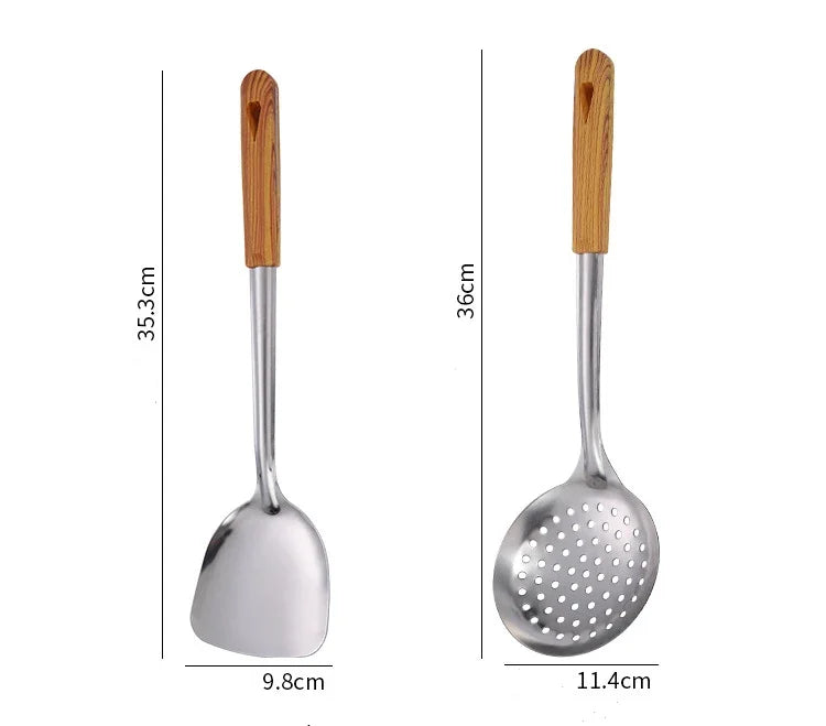 Stainless Steel Cookware Non-stick Pastry Spatula Wooden Handle Soup Ladle Rice Spoon Hot Pot Colander Kitchen Cooking Utensils