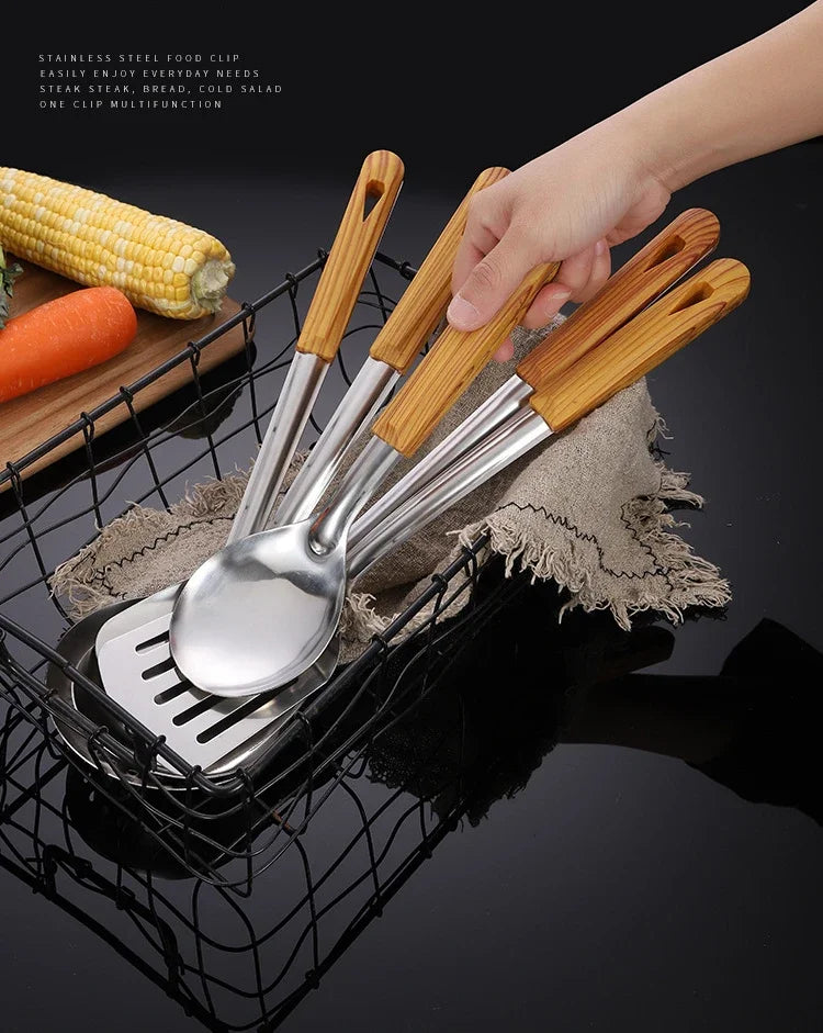 Stainless Steel Cookware Non-stick Pastry Spatula Wooden Handle Soup Ladle Rice Spoon Hot Pot Colander Kitchen Cooking Utensils