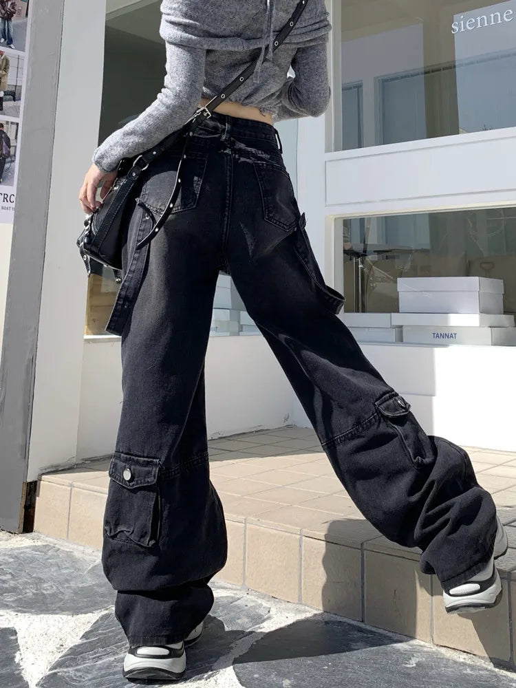 2000S Clothes Y2K Streetwear Washed Black Baggy Cargo Jeans Pants For Women Wide Leg Multi Pockets Straight Loose Lady Trousers