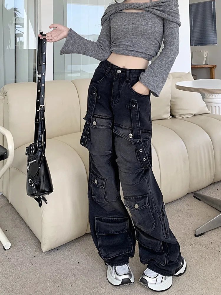 2000S Clothes Y2K Streetwear Washed Black Baggy Cargo Jeans Pants For Women Wide Leg Multi Pockets Straight Loose Lady Trousers