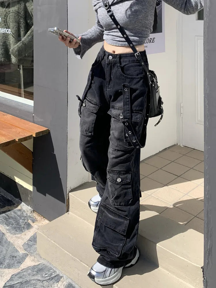 2000S Clothes Y2K Streetwear Washed Black Baggy Cargo Jeans Pants For Women Wide Leg Multi Pockets Straight Loose Lady Trousers