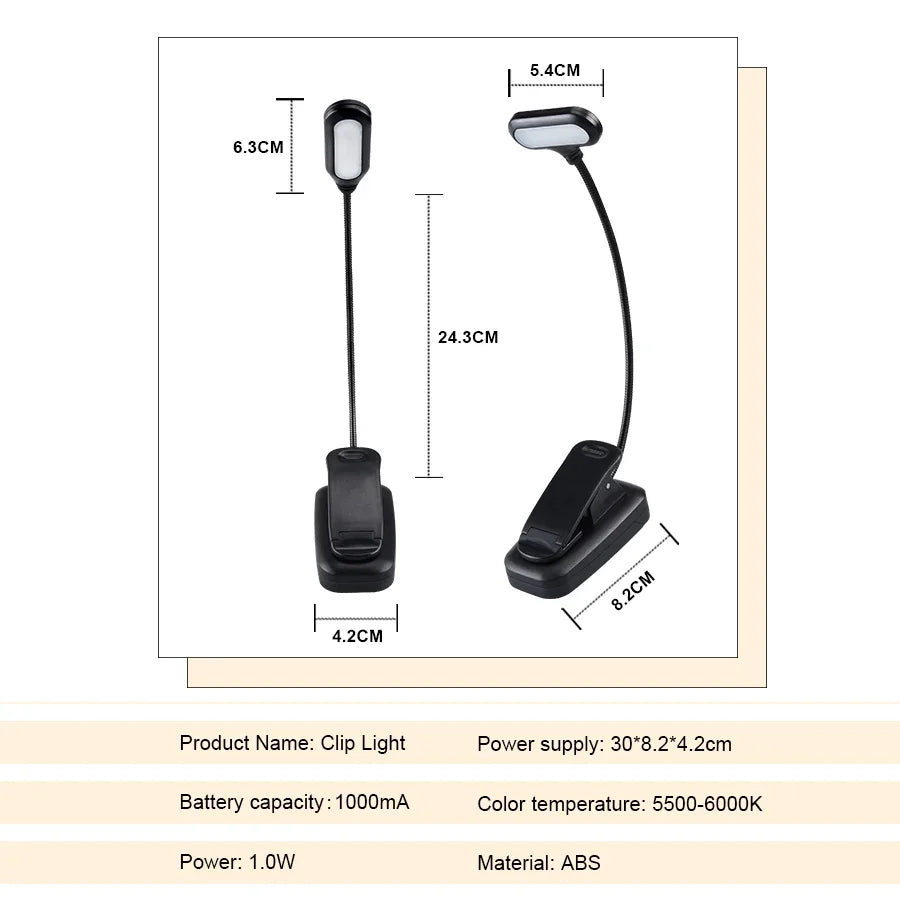 Adjustable LED Book Lamp Portable Mini Eye Protection Reading Light Clip-On Table Lamp Battery Powered Study Reading Table Lamp