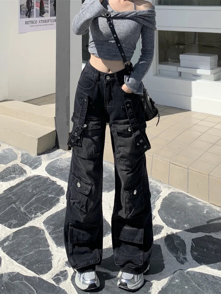 2000S Clothes Y2K Streetwear Washed Black Baggy Cargo Jeans Pants For Women Wide Leg Multi Pockets Straight Loose Lady Trousers