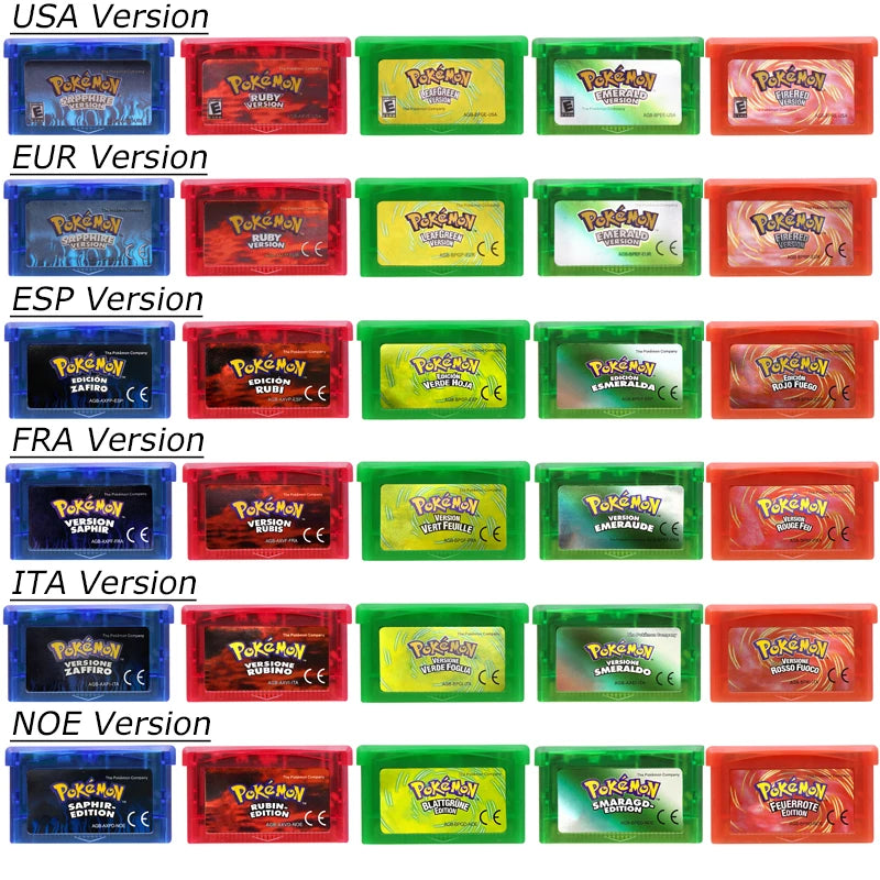 32 Bit GBA Video Games Cartridge Console Card Pokemon Emerald Fire Red Leaf Green Ruby Sapphire Glitter Label for Fans Gift