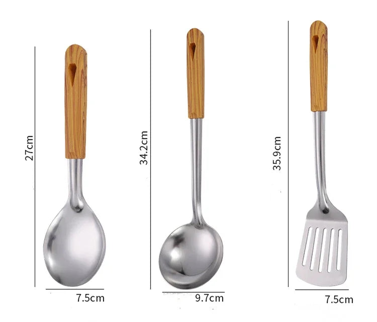 Stainless Steel Cookware Non-stick Pastry Spatula Wooden Handle Soup Ladle Rice Spoon Hot Pot Colander Kitchen Cooking Utensils