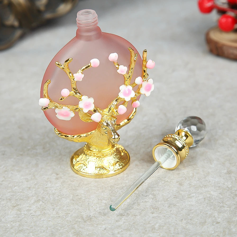 1pc Vintage Perfume Bottle 30ML/1oz Pink Glass 3D Enamel Antlers Plum Blossom Branch Clear Crystal Cap for Cologne Essential Oil