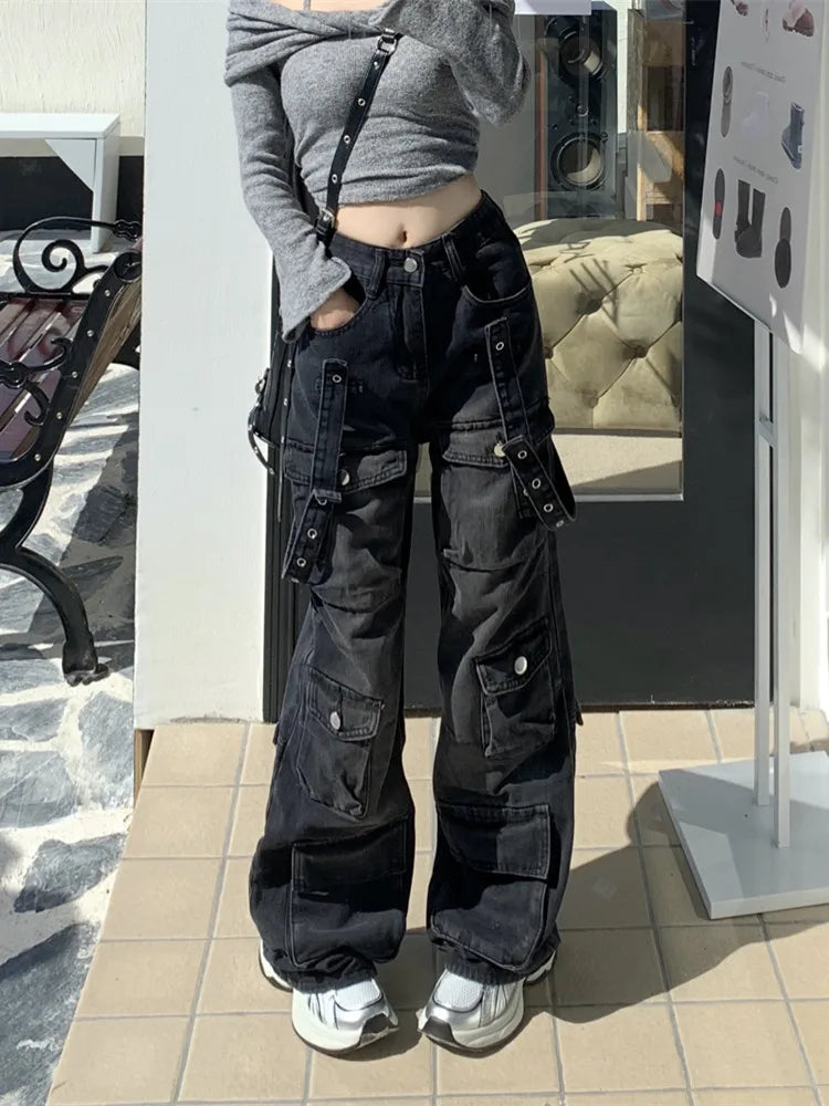 2000S Clothes Y2K Streetwear Washed Black Baggy Cargo Jeans Pants For Women Wide Leg Multi Pockets Straight Loose Lady Trousers