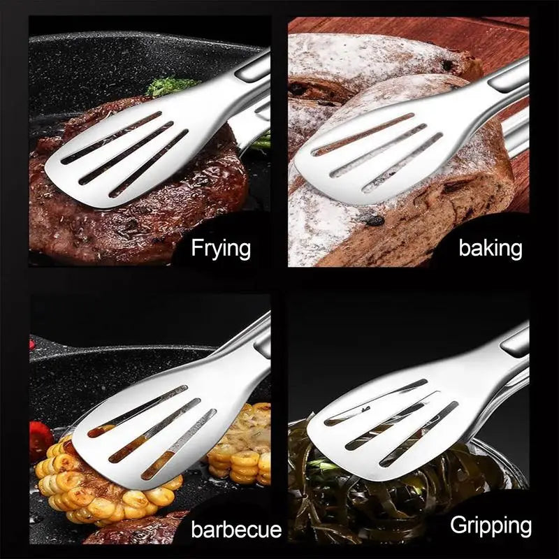 Food Grade Stainless Steel Oil Filtering Food Tongs Heat Resistant Metal Cooking Tongs Frying Grilling Steak Tongs Bread Tongs