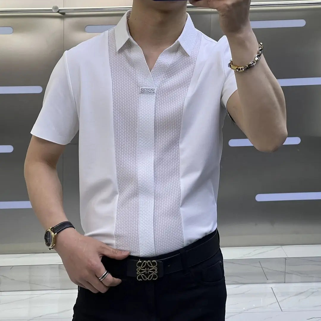 Business Office Casual Men's Polo-Neck Slim Shirt 2023 Trend Korean All-match Patchwork Short Sleeve Shirt Summer Male Clothes