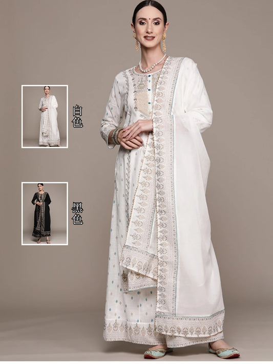 Indian Women's Clothing With Ethnic Style And Side Chabi 3-piece Set Of Pure Cotton Printed White Robe Traditional Indian Dress