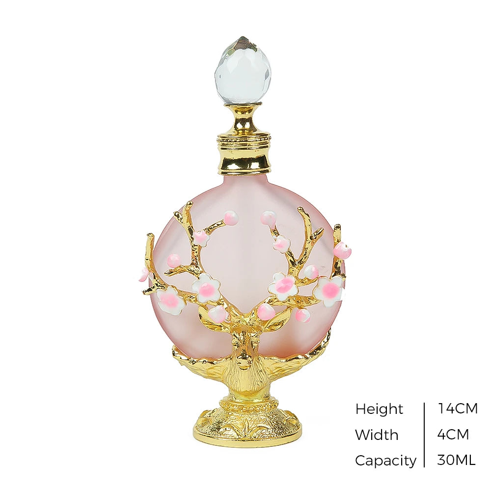 1pc Vintage Perfume Bottle 30ML/1oz Pink Glass 3D Enamel Antlers Plum Blossom Branch Clear Crystal Cap for Cologne Essential Oil