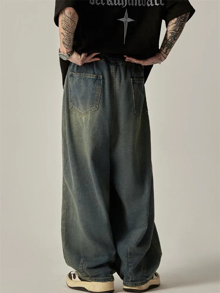 Fashion Jeans Men's Clothing Solid Color Wash Wide Leg Pants Elastic Waist Drawstring Pocket To Make Old Loose Trousers A053