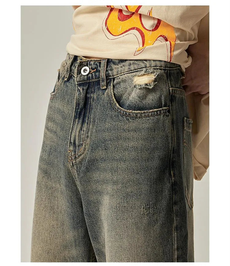 Vintage Blue Jeans Men's Clothing Spring and Autumn New Holes Y2K Straight Pants Button Pocket Loose Trousers A030