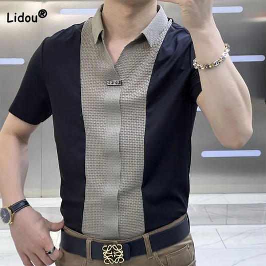 Business Office Casual Men's Polo-Neck Slim Shirt 2023 Trend Korean All-match Patchwork Short Sleeve Shirt Summer Male Clothes